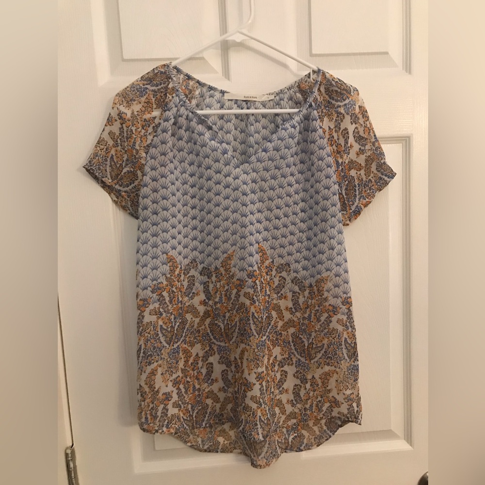 Fun2Fun Sheer Paisley Printed Short Blouse with Notched Neckline, S